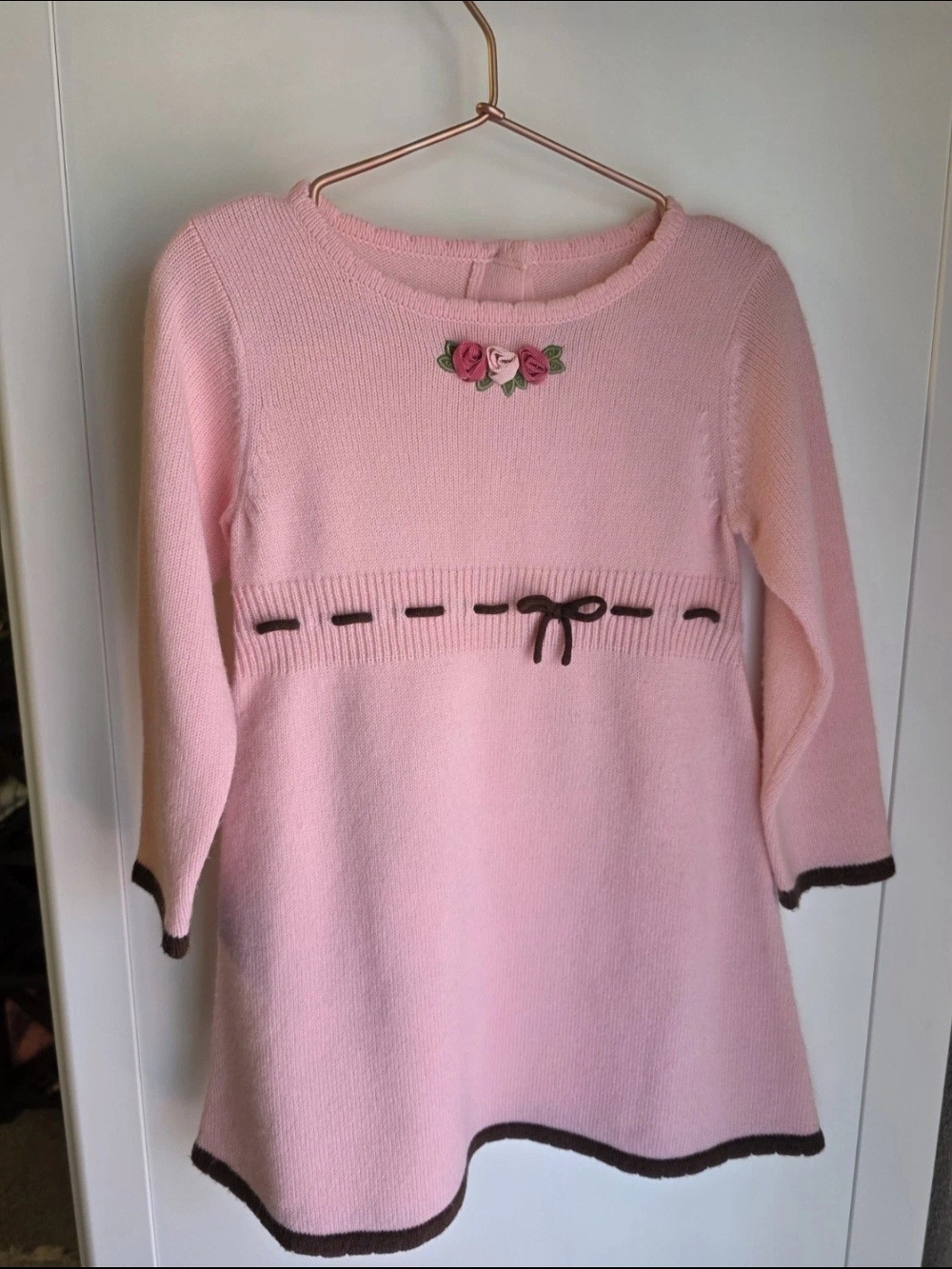 Gymboree Pink Knit Dress with Brown Trim and Rose Applique